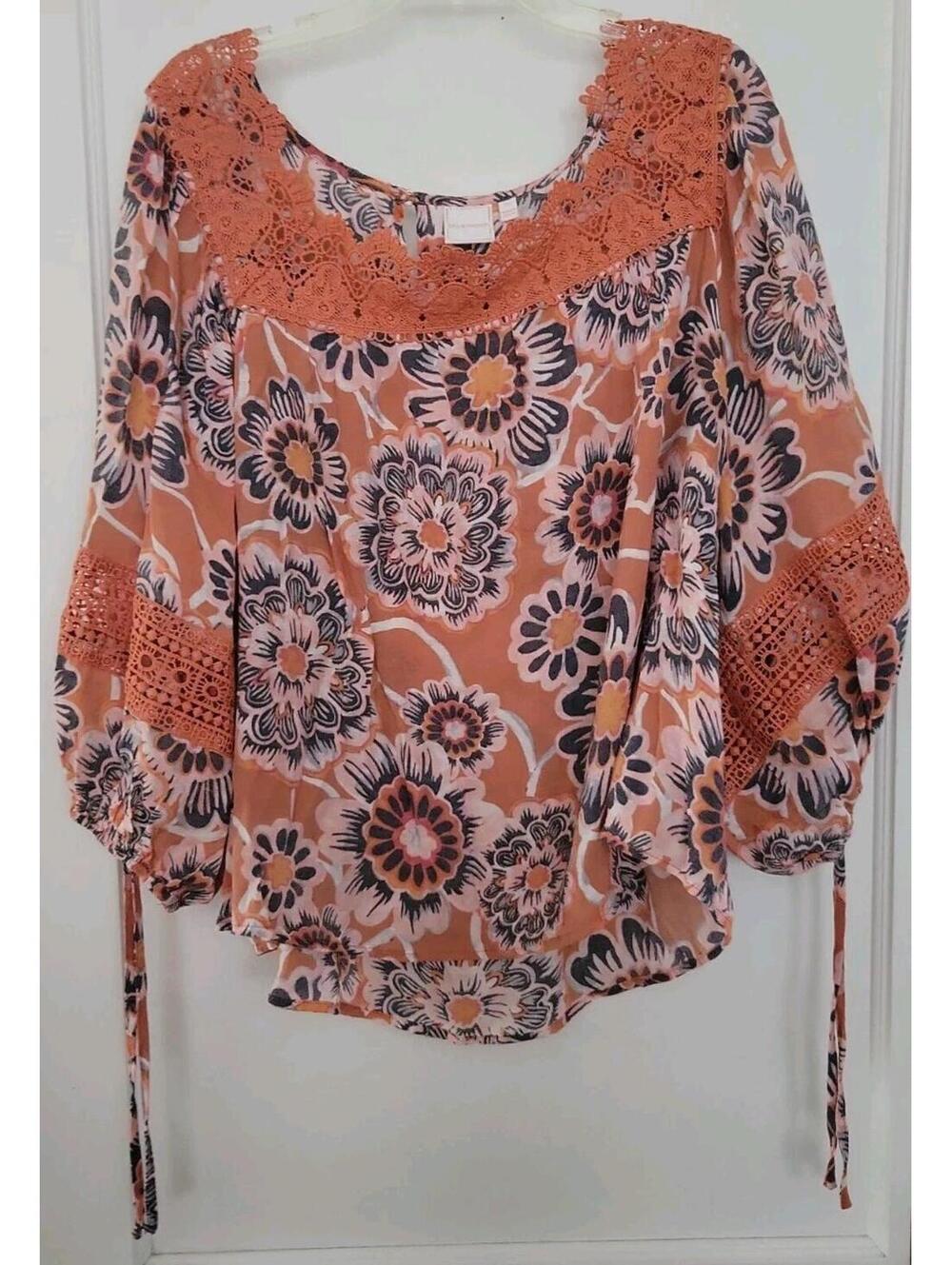 Zac & Rachel Blouse 2X Terracotta Navy Floral Lace Trim Pullover Top